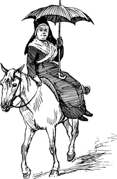 Woman on Mule vintage illustration. vector