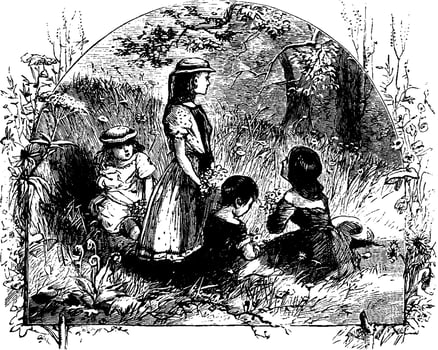 Children picking berries, vintage illustration. vector