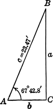 Right Triangle ABC With Angle 67 degrees 42.8 minutes and Hypotenuse 23.47 ft.
 vintage illustration. vector