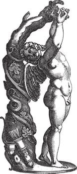 Sculpture of Amor picking grapes, anonymous, 1584, vintage illustration. vector