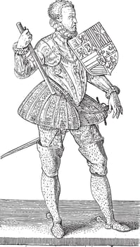 Philip II, Hendrick Goltzius, after Willem Thibaut, vintage illustration. vector