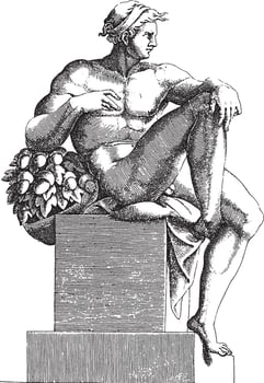 Seated Nude, Adamo Scultori, after Michelangelo, 1585, vintage illustration. vector