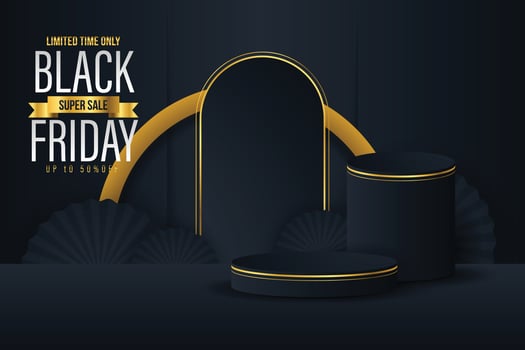 Black podium on luxury backdrop. Luxury black friday sale scene for product display presentation. Vector geometric rendering platform.