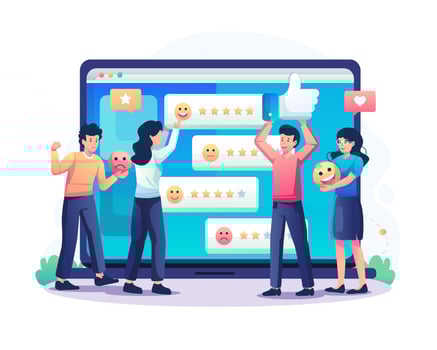 Customer feedback with people giving star ratings. Clients choose satisfaction ratings or evaluations for products or services. User experience or client satisfaction. Vector illustration in flat