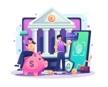 Online banking and Mobile payment concept. People do digital money transfers using a computer and smartphone online applications. Vector illustration in flat style