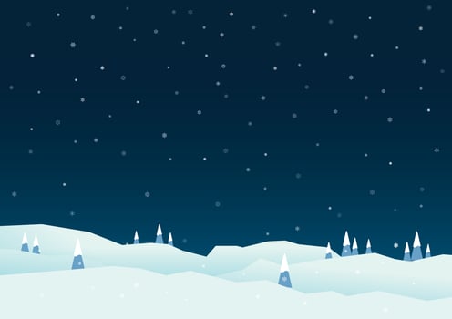 Night of winter hills and pines landscape background with snowfall. vector
