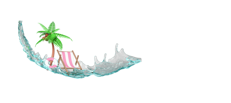 water splash with beach chair, palm tree, lifebuoy, space isolated. summer travel concept, 3d render illustration png