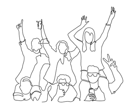 Line art drawing of cheerful crowd. Hands up. Group of Applause people, continuous one Line vector illustration. People standing at concert, meeting. Concept of happy Audience.