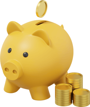 Yellow piggy bank, dropping coins, stacks of money. PNG icon on transparent background. 3D rendering.