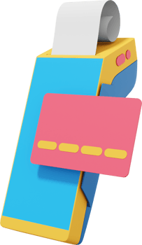 NFC POS Terminal GPRS point with Paper Receipt and a credit card. Mockup screen. Payment Machine. PNG on a transparent background. 3D rendering.