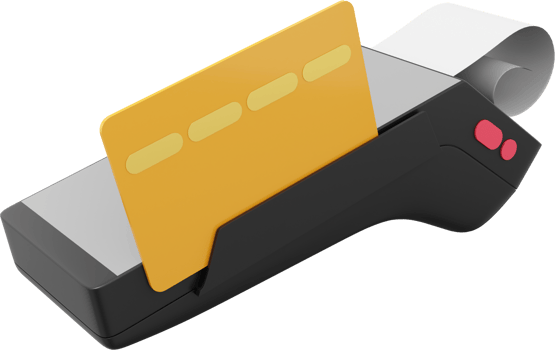 POS Terminal GPRS point with Paper Receipt and a credit card. Mockup screen. Payment Machine. NFC PNG on a transparent background. 3D rendering.