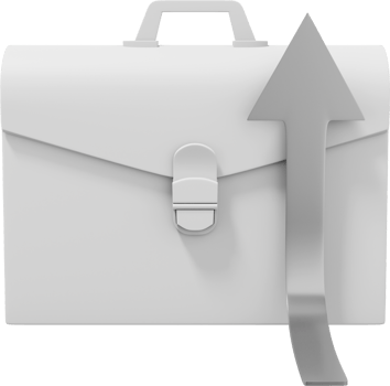 White briefcase with a silver arrow growing up, front view. PNG icon on transparent background. Business portfolio success. 3D rendering.