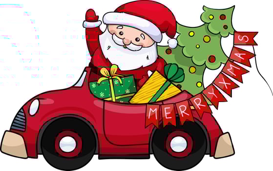 santa claus rides a red car with gifts vector