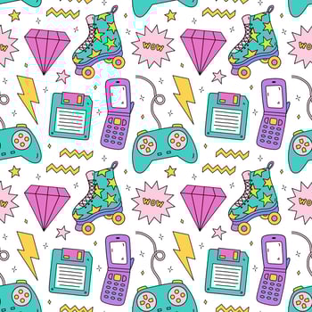 Bright seamless pattern with items from the nineties - floppy disk, quad roller skates, retro flip phone, joystick gamepad, lightnings, diamonds and stars on white background. Nostalgia for the 1990s. vector