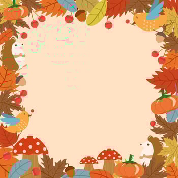 Vector - Cute border or fame. Many element of autumn, fall season on orange background. Copy space. Can be use for invitation card, web, poster. advertising.