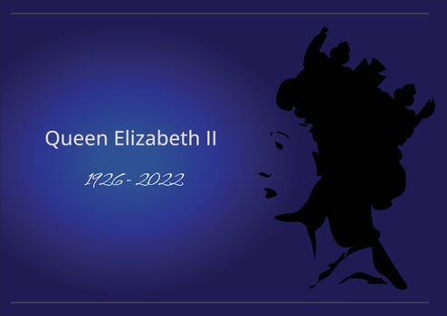 Queen Elizabeth side profile of young in crown, black silhouette. vector