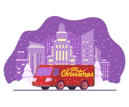 Christmas delivery car. New Year's cargo van. Winter City Skyline Skyscrapers Urban Landscape Falling Snow Winter time.Red truck with lettering Merry Christmas.Vector illustration.Christmas truck. vector