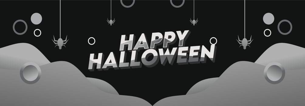 Happy Halloween banner or party invitation background with night clouds and pumpkins in modern gradient style. Vector illustration. Full moon in the sky, spider webs and flying bats. Place for text