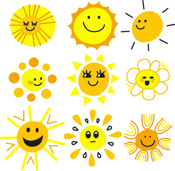Sun emoticons. Funny summer sun, sunshine, baby, happy morning emoji. Children's illustration. Cartoon sunny smiling faces vector icons