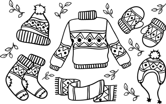 A set of cozy knitted warm clothes. Autumn pastime, coloring page. Vector illustration hand-drawn outline on a white background.
