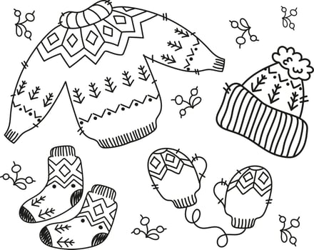 A set of cozy knitted warm clothes. Autumn pastime, coloring page. Vector illustration hand-drawn outline on a white background.