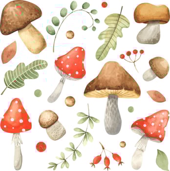 Set of watercolor vintage mushrooms isolated on white. Fall harvest forest mushrooms. Natural autumn botanical collection. Vegetarian food vector