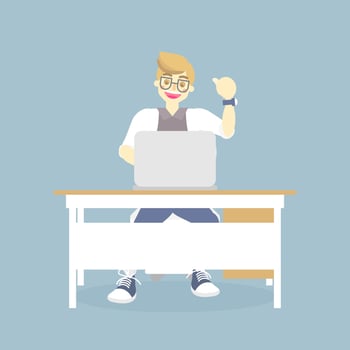 businessman freelance working from home or office with laptop notebook, quarantine concept, flat vector illustration cartoon character design clip art