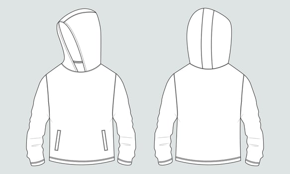 Long sleeve hoodie with Zipper technical fashion Drawing sketch template front and back view. apparel dress design vector illustration mock up jacket CAD.