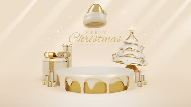 Product display podium with golden santa claus hat element and christmas tree with ball and gift box decoration and glitter light effect with stars. Vector illustration.