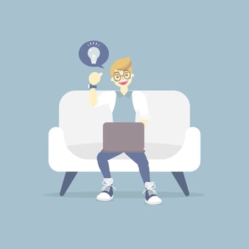 businessman freelance working at home on weekend holiday vacation, sitting on couch sofa with laptop notebook, flat vector illustration cartoon character design clip art