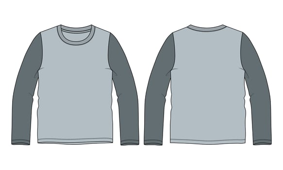 Long sleeve round neck Technical Sketch flat fashion T-shirt front and back view . Apparel dress design CAD Mock up Vector Illustration template.