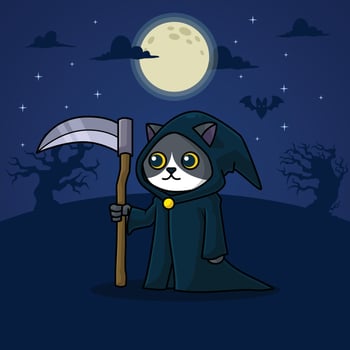 cute spooky witch grim reaper black cat in fullmoon halloween midnight vector