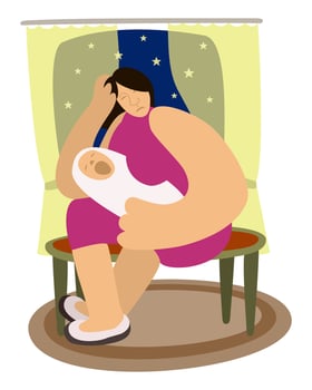 Mother and child. Woman holding newborn crying baby. Vector isolated illustration.