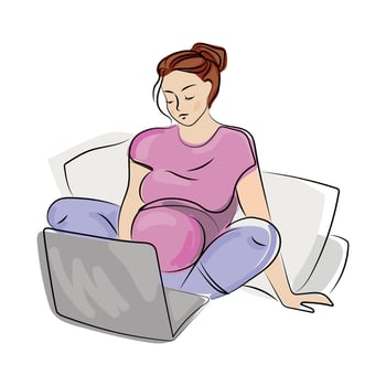 Pregnant woman using laptop at home vector isolated illustration.Beautiful young expectant mother Working with laptop from home