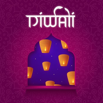 Sky lantern on night sky in window and text Diwali in style hindi. Design poster for Indian festival Diwali vector