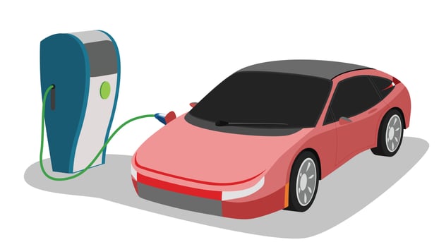 Perspectives electric vehicle sport car charging parking at the charger station with a plug in cable. Charging in the beside of car to battery. Isolated flat vector illustration on white background.