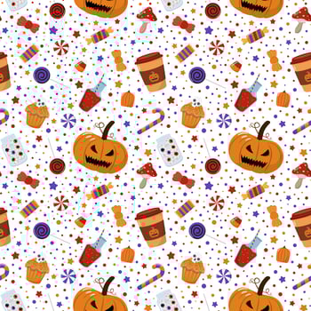 Cartoon Halloween coffee cup, tasty sweets, scary pumpkin lantern, mushroom seamless pattern. Isolated on white background. Design for holiday wrapping, textile. vector
