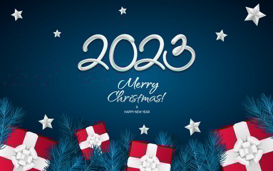 Happy new year 2023 greeting vector templates. Merry Christmas design greeting text with colorful Christmas decor elements gift, fir tree branch, stars on a blue background with luxury silver