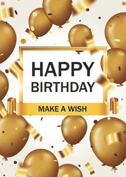 Happy birthday vertical card with golden balloons and confetti vector