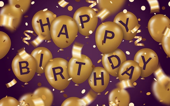 Greeting card with text happy birthday on golden balloon and with golden confetti vector