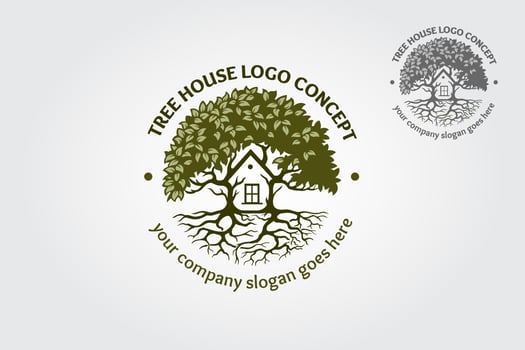 Tree House logo Template. The main symbol of the logo is a tree, but here incorporate with the house this logo symbolizes a neighborhood, protection, peace, growth, and care or concern to development. vector