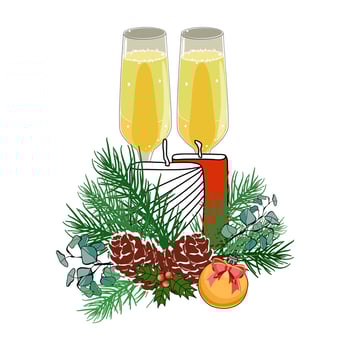 Christmas decoration with champagne, candles, pine cones and branches, eucalyptus, and Christmas ornament vector illustration