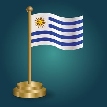 Uruguay national flag on golden pole on gradation isolated dark background. table flag, vector illustration