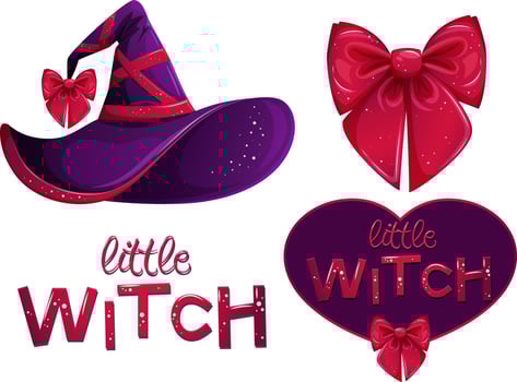 Halloween set for girls. Witch hat, bright pink bow, inscription little witch vector