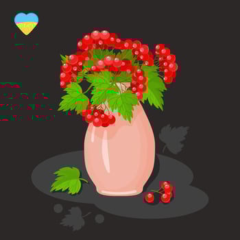 Ceramic flower vase with viburnum. Modern ceramic vase with red berry. Guelder rose. Isolated illustration on a black background. Cartoon style. Vector illustration.