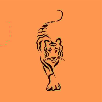 Black Tiger Symbol Logo on Orange Background. Wild Animal Tribal Tattoo Design. Stencil Flat Vector Illustration
