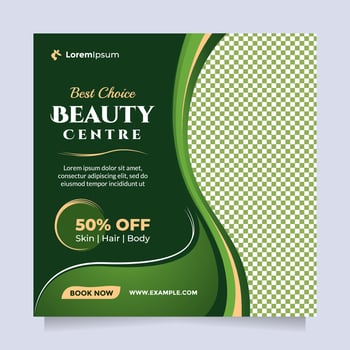Natural beauty care center social media post and banner template. Beautiful green square vector design to promote facial treatment, cosmetic sale, skin clinic, medical spa, salon, beautician, etc