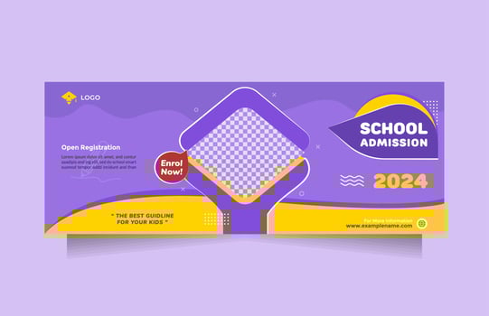 Landscape social media banner template for School education admission promotional. Creative idea kids school vector horizontal banner design with modern blue yellow color