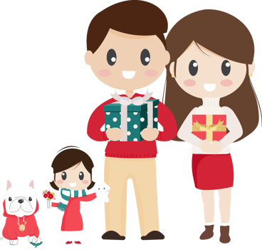 happy family with pet french bulldog on snowy Christmas boxing day png