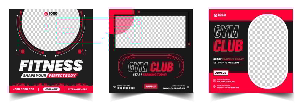 Fitness gym social media post banner template with black and red color, gym, Workout, fitness and Sports social media post banner, fitness gym social media post banner design. vector